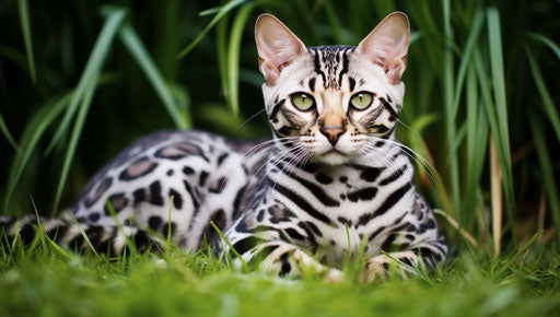 Bengal cat lounging in grass, dark white silver style, geometric