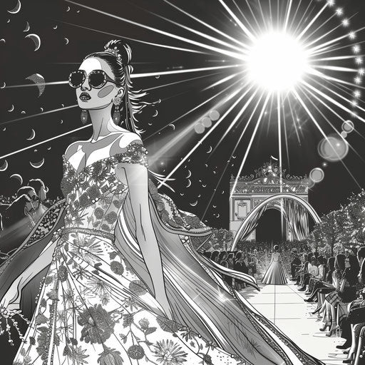 Glamorous fashion show under a glowing sun, Megan Hess style, coloring book page