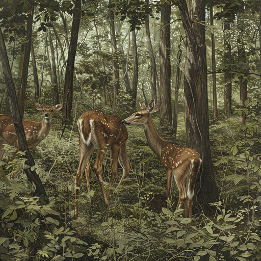 White-tailed deer cautiously exploring forest edge