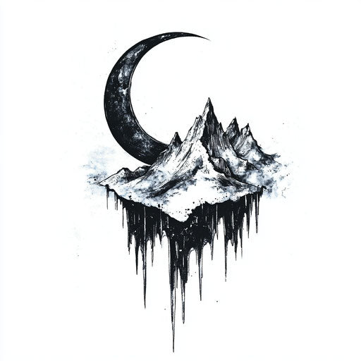 Male neck tattoo with crescent moon and mountain silhouette