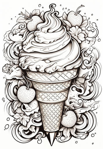 Coloring pages with ice cream and toppings