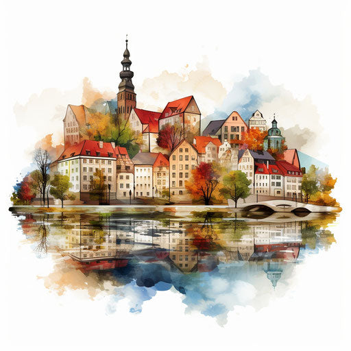 Town in Oil painting style on white background