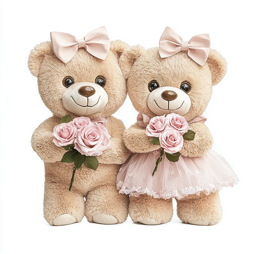 Adorable teddy bear couple with roses, pink dress and bow