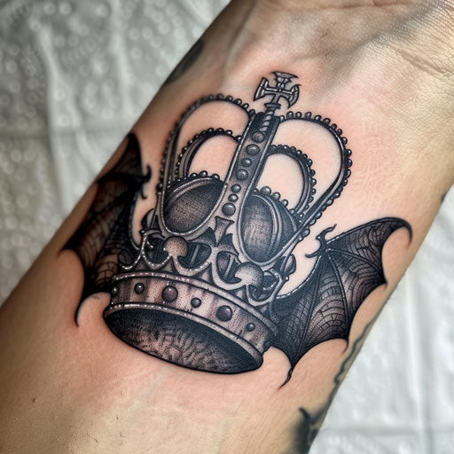 Gothic king crown tattoo with bat wings