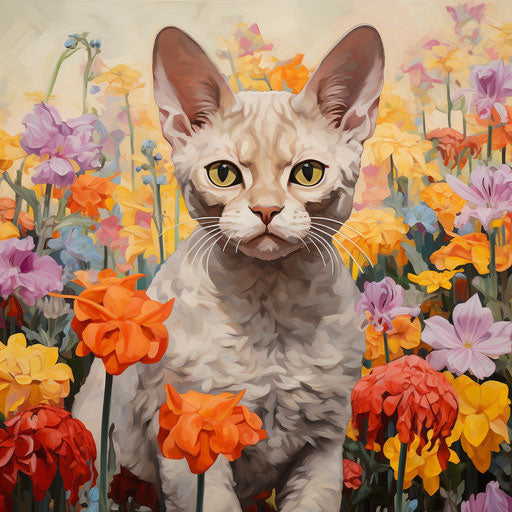 Devon Rex cat in a field of flowers