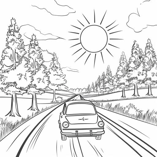 Car driving on road with trees and sun