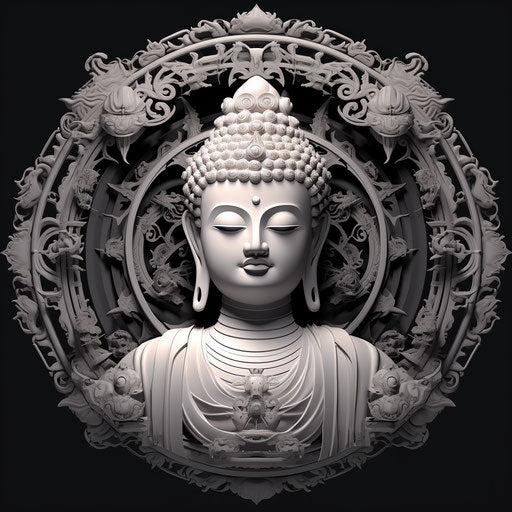The meditative face of Buddha in black and white