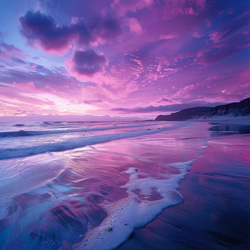 Sandy beach at dusk with pink and purple sky
