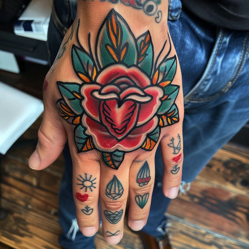 Rose hand tattoo in the style of Sailor Jerry with a classic rose and heart