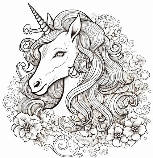 Funny cute unicorn coloring page with stars on a white background, in the style of fantastical otherworldly visions