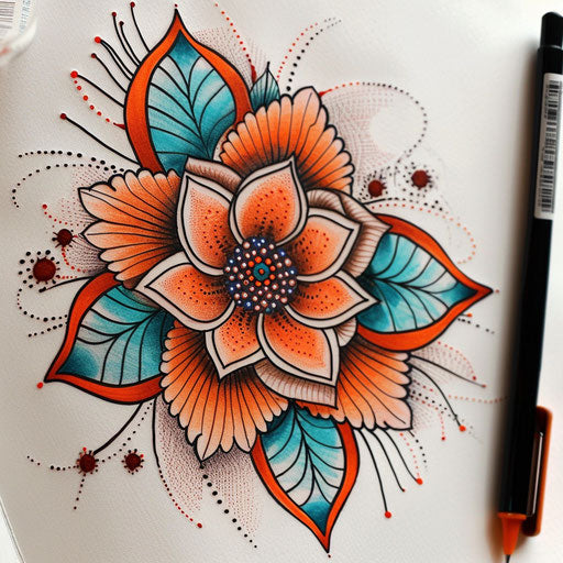 Vibrant flat tattoo sketch of a floral pattern with dots forming petals