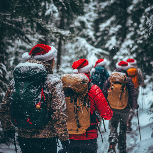 Winter hike with friends wearing Santa hats
