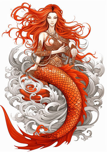 Red mermaid with long hair sitting on fish, expressive manga style