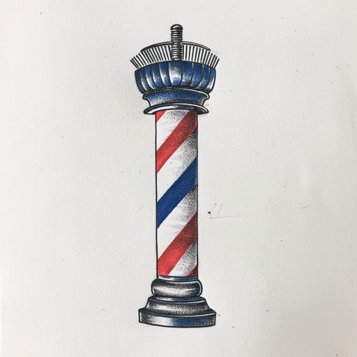 Minimalist flat tattoo sketch of a classic barber pole in bold red and blue stripes