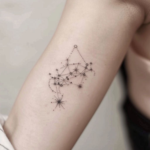 Small constellation tattoo design with stars connected by thin lines, displayed on a white background.
