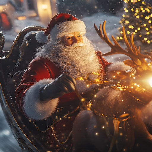 Santa in sleigh with glowing reins checking his list