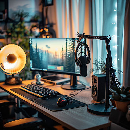 Professional video call setup with ring light and microphone in home office