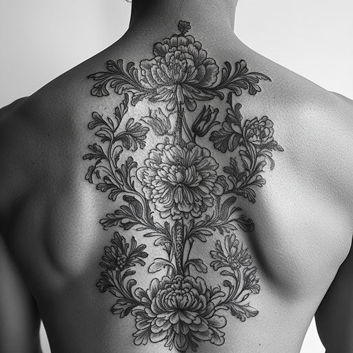 Black and grey tattoo with intricate floral patterns