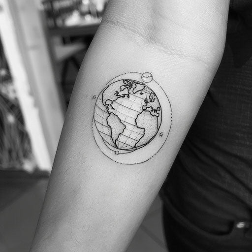 Simplistic flat tattoo sketch of a globe, minimal line art in stark black on soft grey
