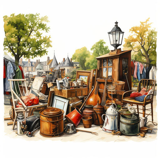 Yard sale art clip in the style of Oil painting, on white background
