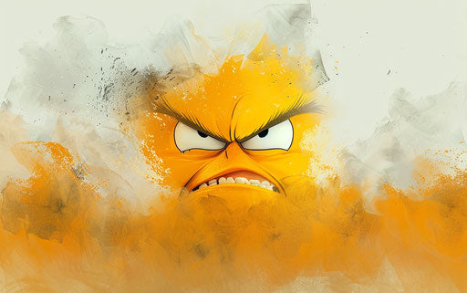 Angry yellow face on white background, smokey orange and beige style
