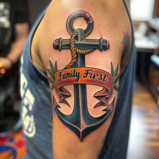 Tattoo of a traditional anchor with a banner reading Family First, in the style of Ed Hardy