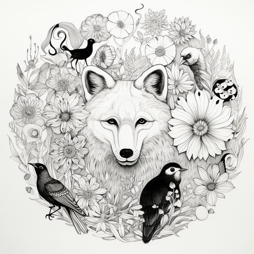 Animals around a circular flower with quote