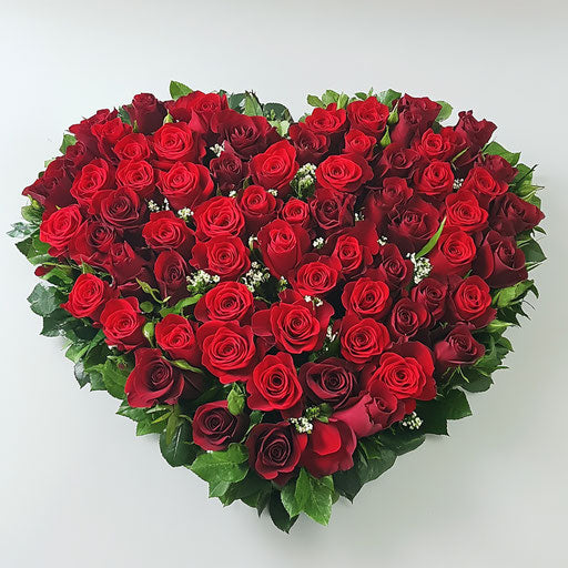 Heart-shaped arrangement of red roses on white background