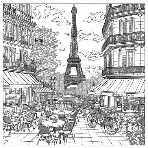 Eiffel Tower with Parisian cafes and street scenes at its base