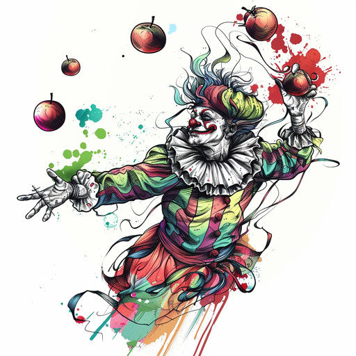 Juggling clown with apples in red, green, and blue