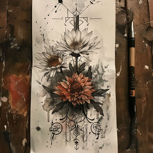 Nordic style tattoo sketch of an aster flower with rune symbols and dark, muted colors