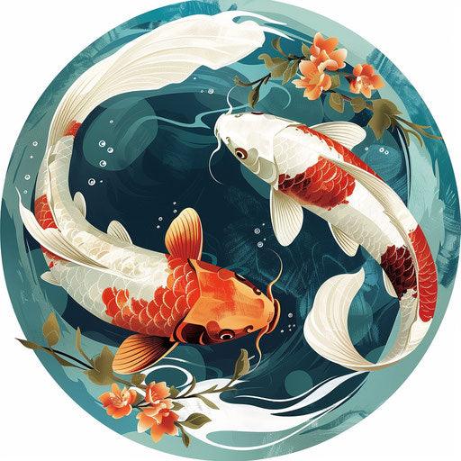Two koi fish in a circular blue lake
