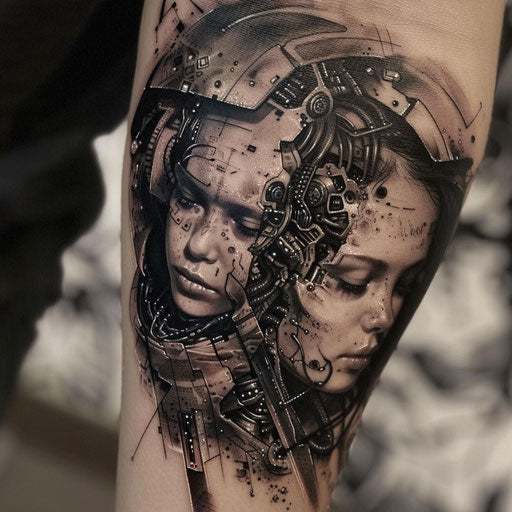 Mother and daughter tattoos with sci-fi aesthetics