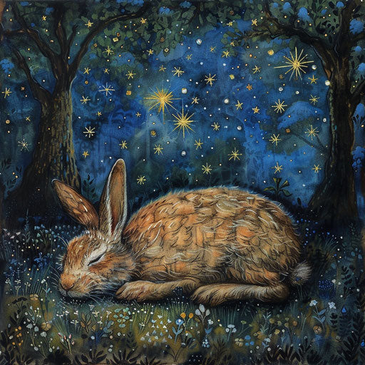The peaceful sleep of a rabbit under a starry sky, safe in the night's embrace.