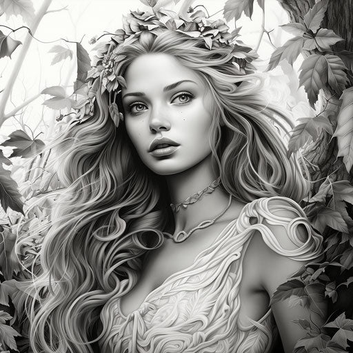 Fantasy coloring page for adults, detailed foliage style