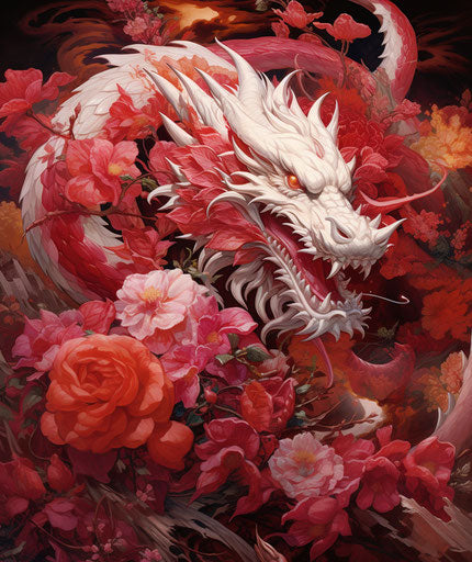 Beautiful red and white dragon in birds & flowers style