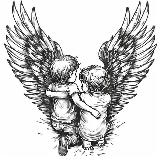 Angel wings tattoo sketch for mom with three children