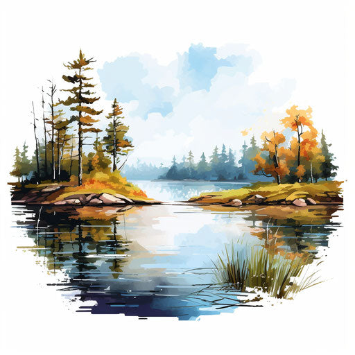Lake illustration in the style of oil painting, on white background
