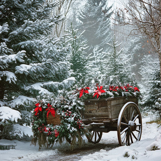 Winter scene with wooden wagon decorated for Christmas