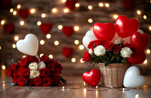 Red and white hearts in a basket with roses and lights