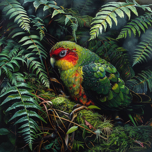 Swift parrot in lush ferns and moss with sparkling dew