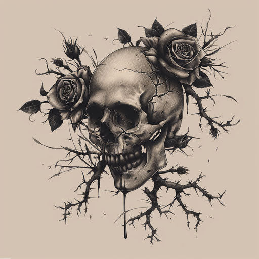 Skull with roses and thorny vines in gothic tattoo style