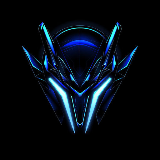 Brand logo with futuristic elements, neon blue and black colors