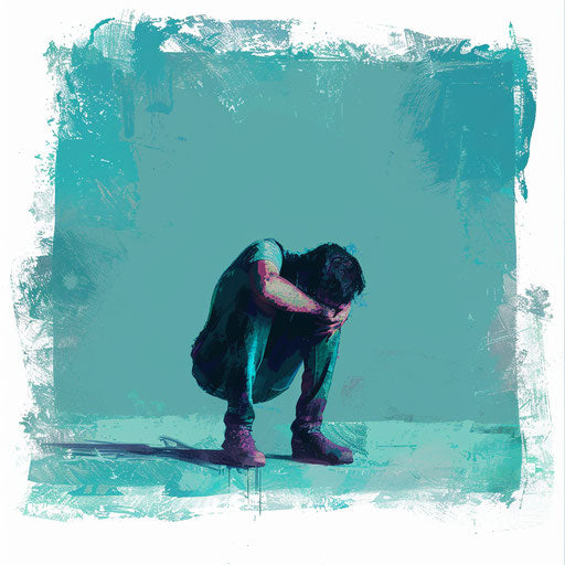 Realistic depression clipart with flat teal background, vibrant contrasts and detailed textures