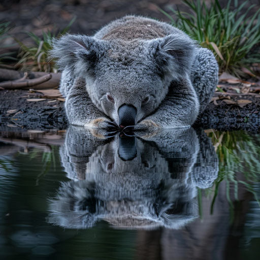 Reflection of a koala in water, serene and peaceful, high-resolution detail