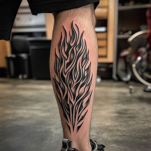 Leg tattoo with sharp tribal lines and flames