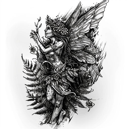Forest fairy tattoo surrounded by ferns and flowers