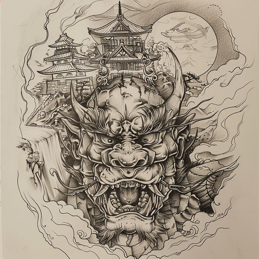 Tranquil flat tattoo sketch of a Japanese demon in a garden