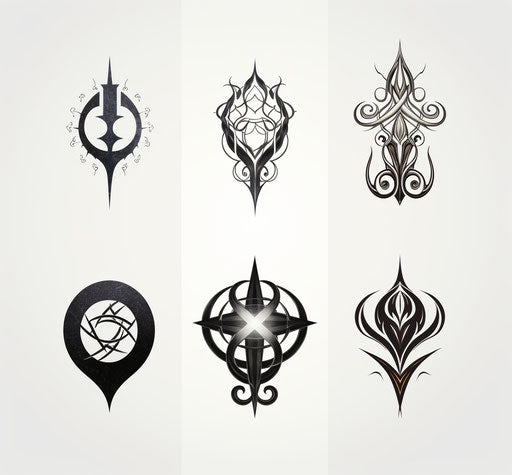 Four different tattoo designs, wiccan style, smooth curves, dark white, hurufiyya, dark tonalities, celestial
