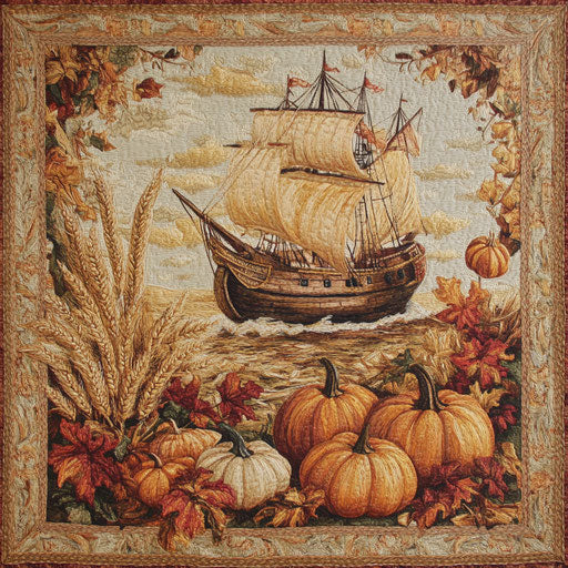 Thanksgiving-themed tapestry with traditional symbols